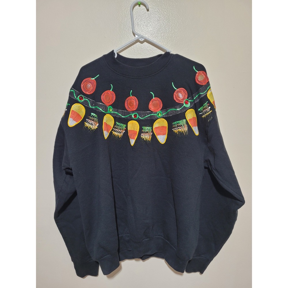 India Ink‎ Hand Painted Halloween Sweatshirt Womens One Size Black Candy Corn